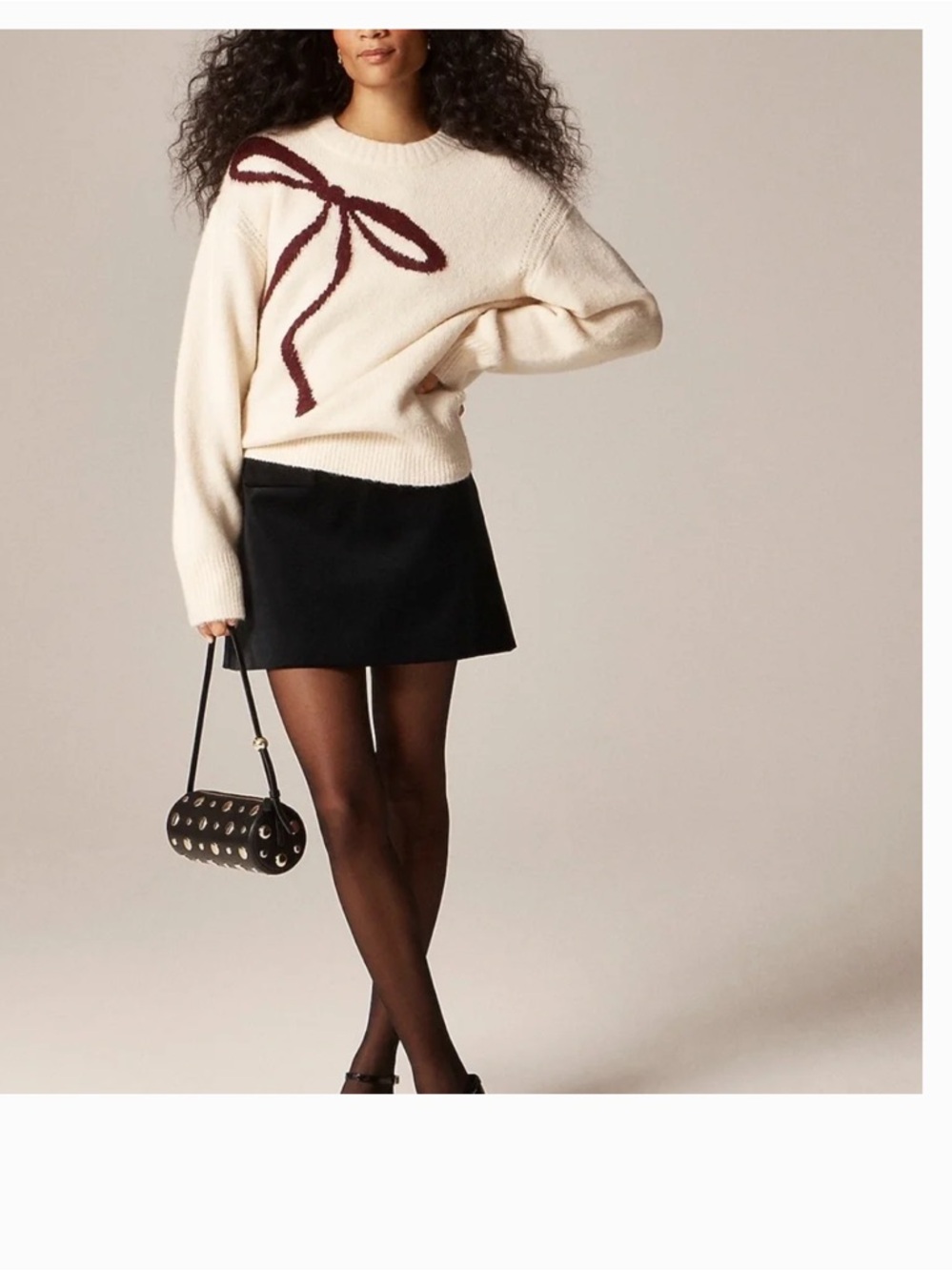 J Crew Oversized Bow Sweater Cream Burgundy Merino Alpaca Size Small